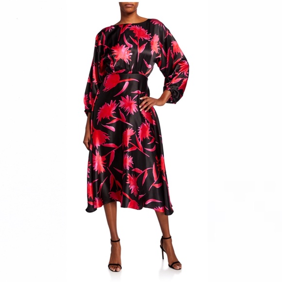SALONI Dresses & Skirts - Saloni Kim-B Belted Floral-Print Silk Midi Dress